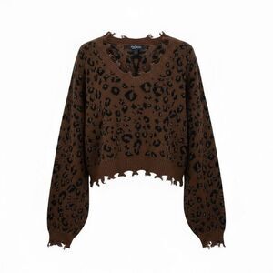 Freshman 1996 Leopard Print Distressed Cropped V-neck Sweater Brown Black Large